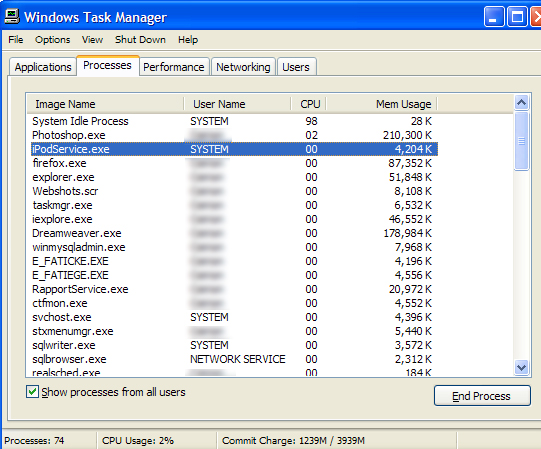 Windows Task Manager showing processes
